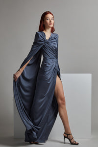 Her Trove-High slit gown with draping cape