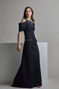 Her Trove-Off shoulder crepe dress with embroidery