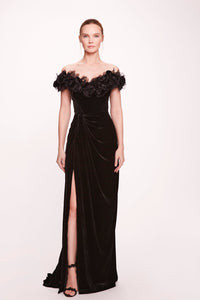 HerTrove-Hand draped velvet gown with floral shoulder detail