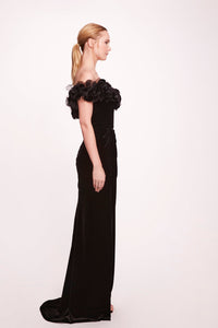 HerTrove-Hand draped velvet gown with floral shoulder detail