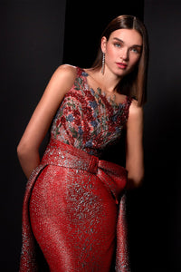 HerTrove-Sleeveless brocade gown with embroidery