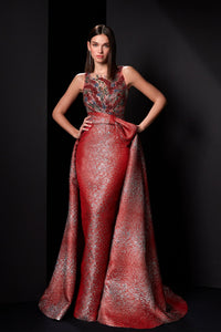 HerTrove-Sleeveless brocade gown with embroidery