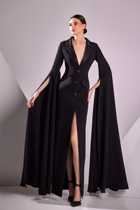 HerTrove-Cape sleeves crepe and satin dress