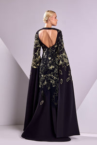 HerTrove-Cape sleeves embroidered crepe dress