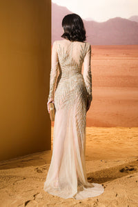 HerTrove-Gold tulle dress with linear patterns