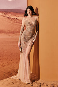 HerTrove-Gold tulle dress with linear patterns