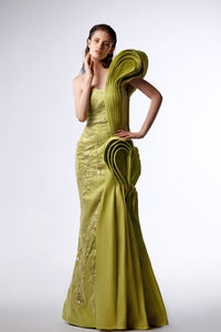 HerTrove-Embroidered gown with asymmetrical taffeta draping