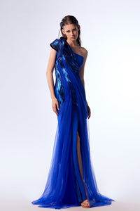 HerTrove-Crepe and metallic electric blue dress