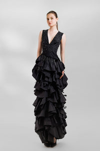 HerTrove-Sleeveless beaded gown with taffeta layers