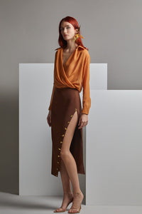 Her Trove-Long sleeves shirt with high slit skirt