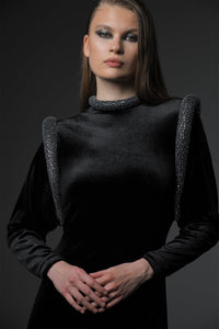 Her Trove-Long sleeves velvet dress with crystals