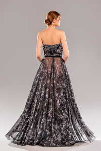 Her Trove-Strapless patterned gown with ruffles
