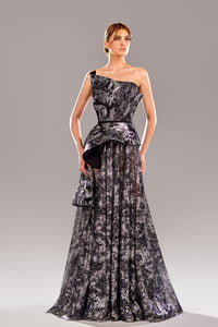 Her Trove-Strapless patterned gown with ruffles