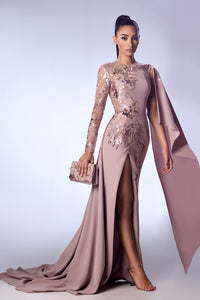 Her Trove-High slit crepe gown with embroidery