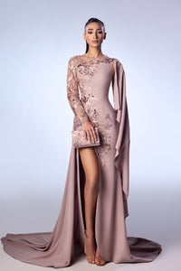 Her Trove-High slit crepe gown with embroidery