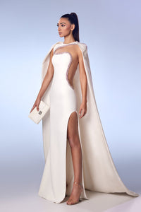 Her Trove-Crepe dress with beaded edges and cape