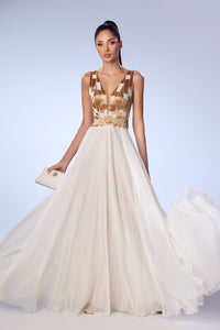 Her Trove-Beaded bodice sleeveless mousseline gown
