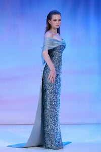 Her Trove-Sequined gown with off shoulder satin drapes