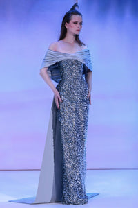 Her Trove-Sequined gown with off shoulder satin drapes