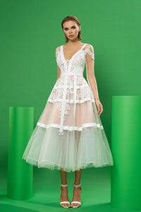 HerTrove-Midi tulle dress featuring hand-sewn applications