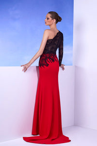 Her Trove - Asymmetric neckline lace and crepe dress