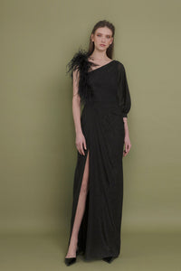 Asymmetrical neckline feather detailed one sleeve gown - HerTrove