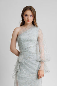 HerTrove-One shoulder glittery dress with puff sleeve