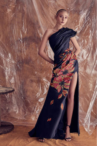 One shoulder floral high slit gown - HerTrove
