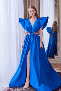Oversized sleeves embellished waistline taffeta dress - HerTrove