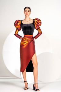 HerTrove-Pleated shoulders top with asymmetrical skirt