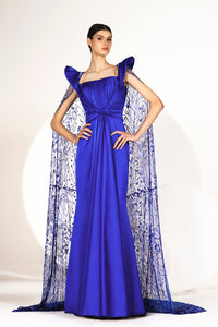 HerTrove-Pleated satin gown with embroidered cape