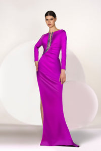 HerTrove-Long buttoned sleeves high slit gown