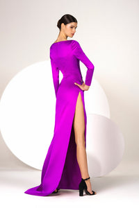 HerTrove-Long buttoned sleeves high slit gown