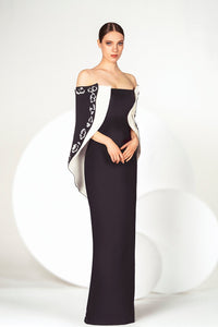 HerTrove-Off shoulder crepe dress with short cape