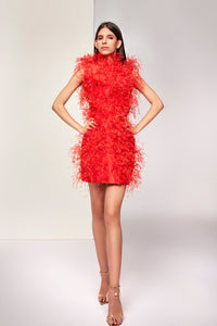 High neckline all over feathered mini dress - HerTrove