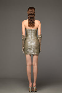 Short draped dress in silk foiled tulle with chain - HerTrove