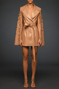Beige cape coat with embroidered sleeves - HerTrove