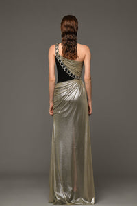 Crepe dress with silver draping in silk foiled tulle and chains - HerTrove