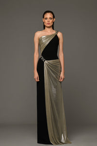 Crepe dress with silver draping in silk foiled tulle and chains - HerTrove