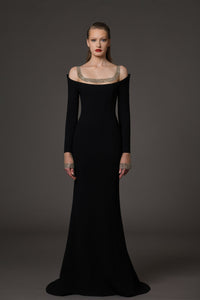 Her Trove-Embroidered crepe dress with details on sleeves