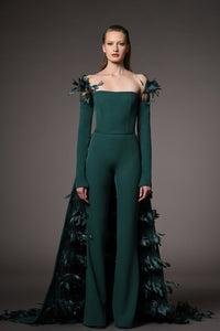 Her Trove-Crepe jumpsuit with reversible feathered overskirt