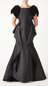 Plunging back cascading ruffled gown | HerTrove