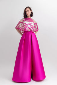 Cape-like sequins top, paired with a wide satin skirt with a slit on the side - HerTrove