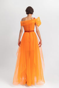 Asymmetrical bow-like corset detail tulle long dress with a fully pleated long skirt and a detachable belt - HerTrove