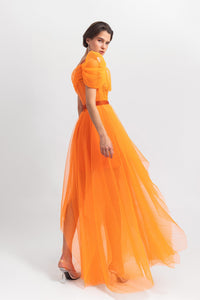 Asymmetrical bow-like corset detail tulle long dress with a fully pleated long skirt and a detachable belt - HerTrove