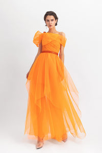 Asymmetrical bow-like corset detail tulle long dress with a fully pleated long skirt and a detachable belt - HerTrove