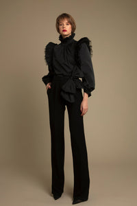 Pleated taffeta top with straight cut pants - HerTrove