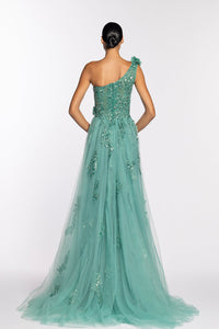 HerTrove-One shoulder emerald green dress adorned with beads