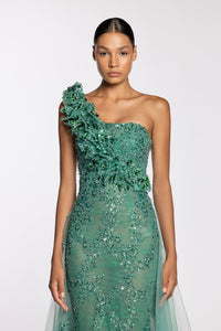 HerTrove-One shoulder emerald green dress adorned with beads