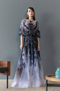 Her Trove - Printed tulle dress featuring flared sleeves